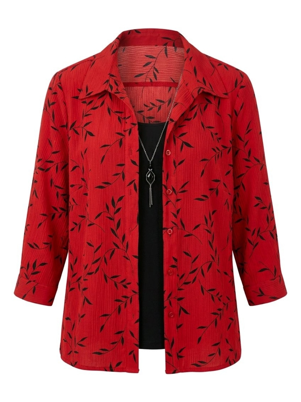 Rebecca Malone Petite 2-piece, Black Shell & Red Top with Black Leaf Motif